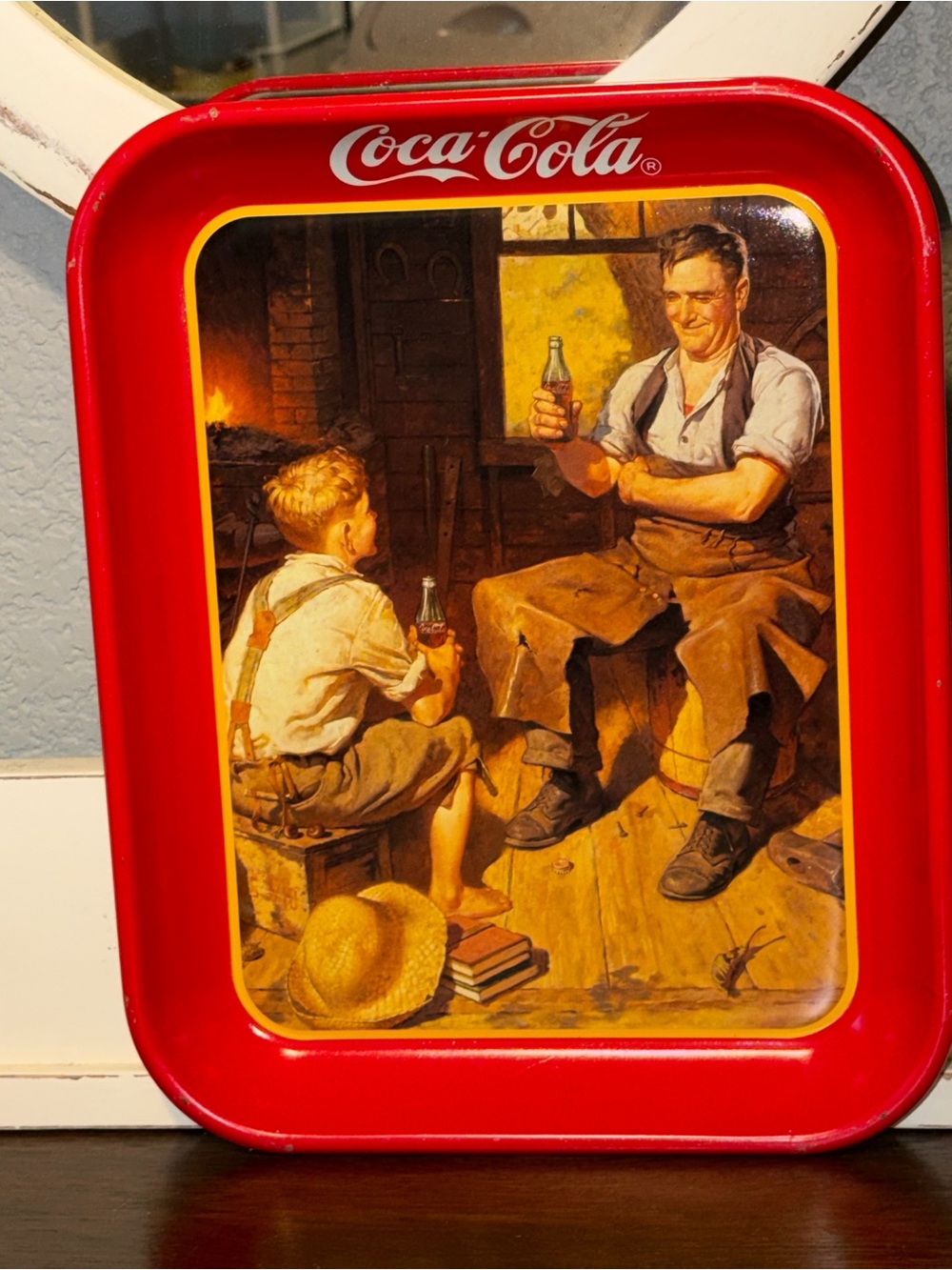 Coca-Cola 'Village Blacksmith' Collectible Metal Tray - Red Trim